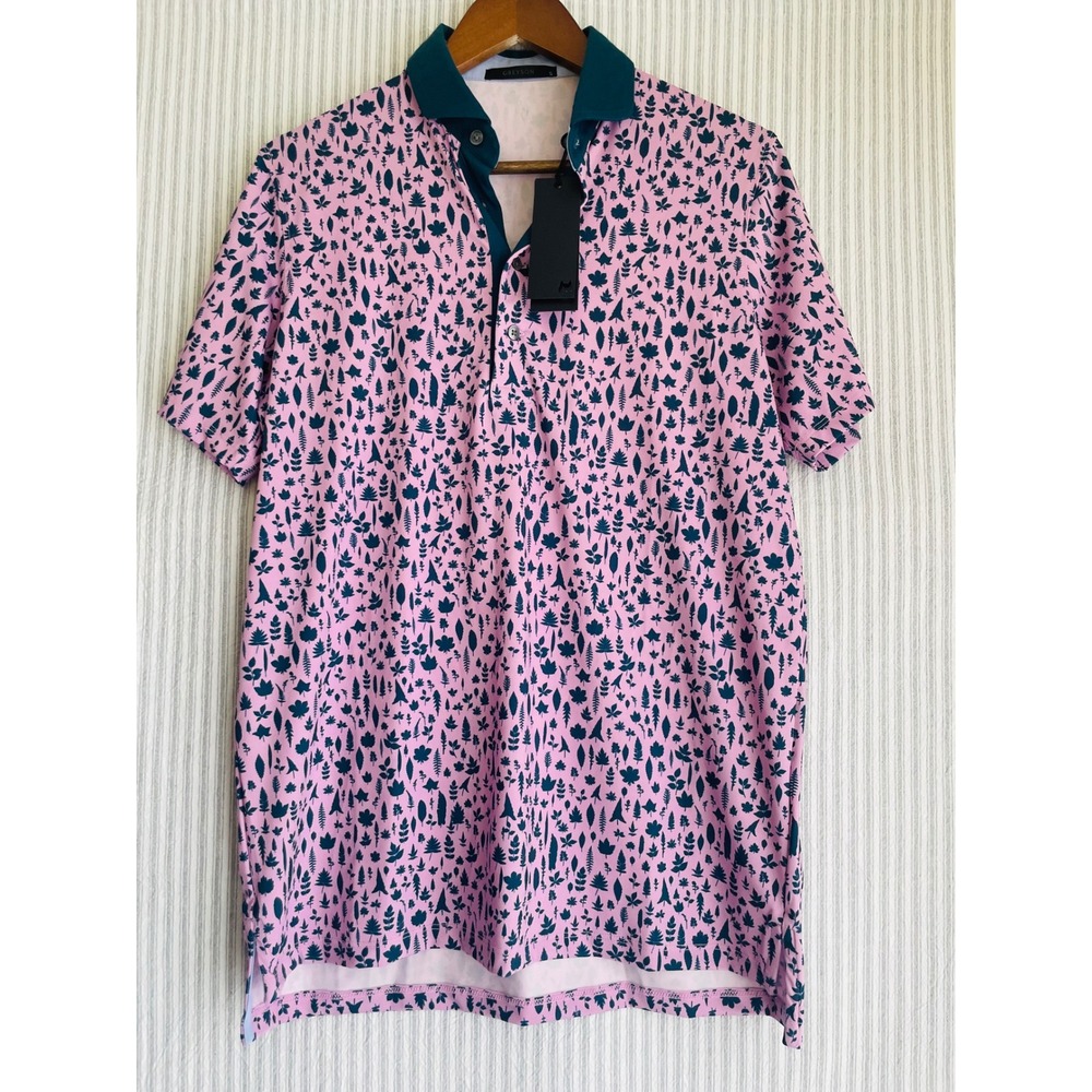Greyson Size S Magical Ferns Polo Mauve Mist Pink Teal Leaf Print Golf Shirt NWT
